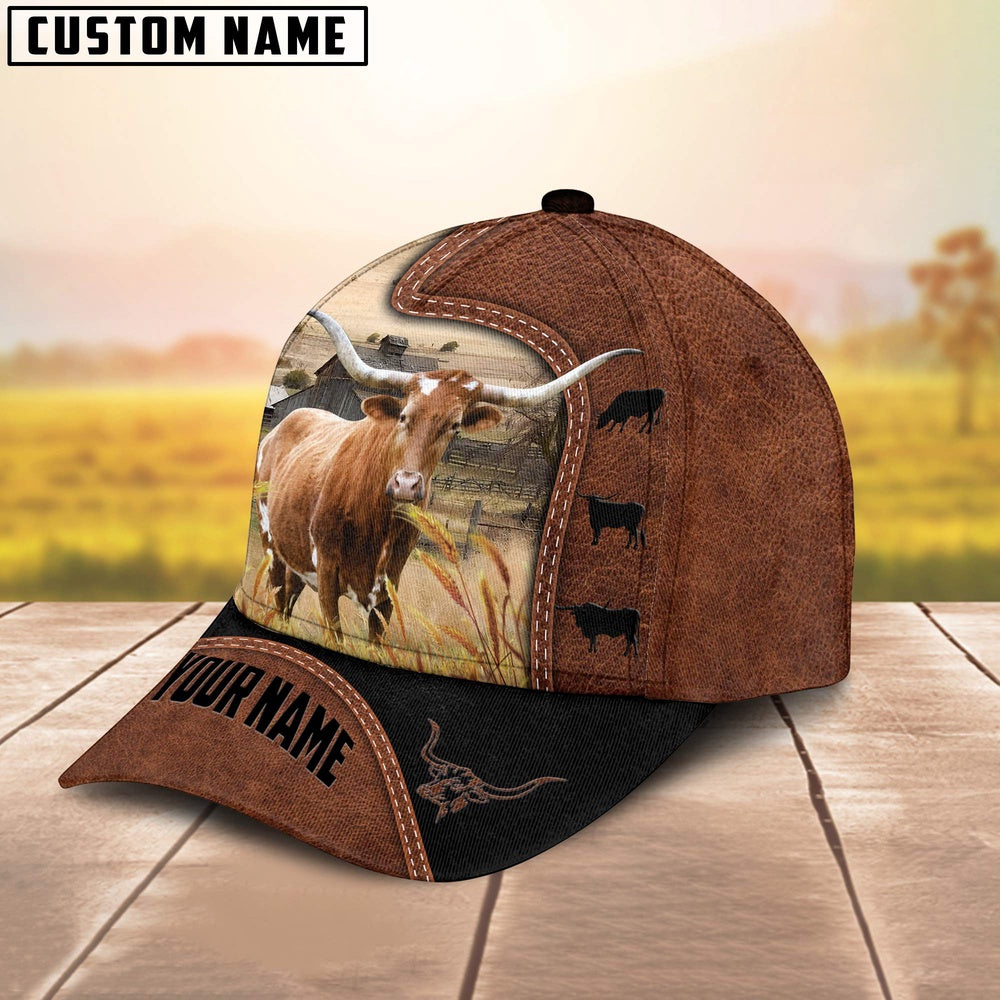 Custom Name Texas Longhorn Brown Black Leather Pattern Cap, Farmer Cap, Vintage Farmer Hat, Mens Farmer Hats, Cap For Farmers