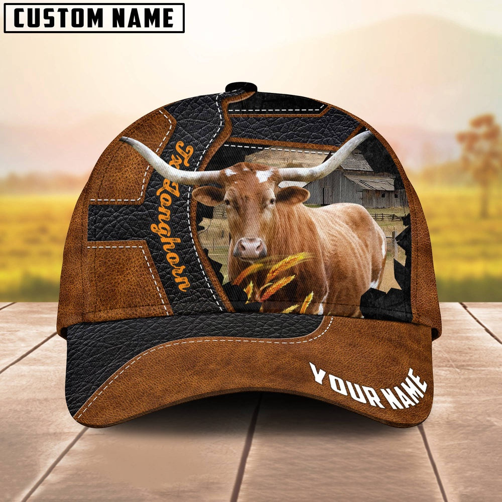 Custom Name Texas Longhorn Brown Leather Pattern 3D Cap, Farmer Cap, Vintage Farmer Hat, Mens Farmer Hats, Cap For Farmers