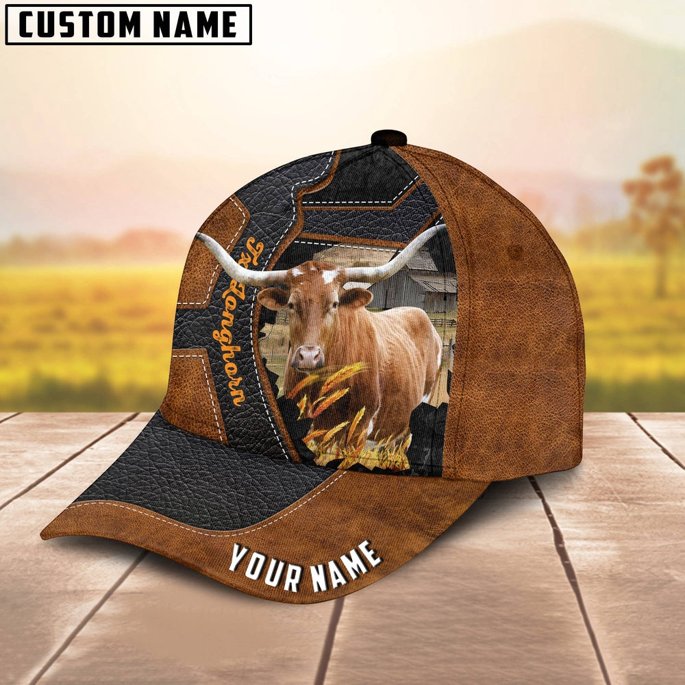 Custom Name Texas Longhorn Brown Leather Pattern 3D Cap, Farmer Cap, Vintage Farmer Hat, Mens Farmer Hats, Cap For Farmers