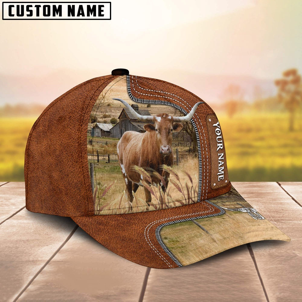 Custom Name Texas Longhorn Cattle Cap On The Meadow, Farmer Cap, Vintage Farmer Hat, Mens Farmer Hats, Cap For Farmers