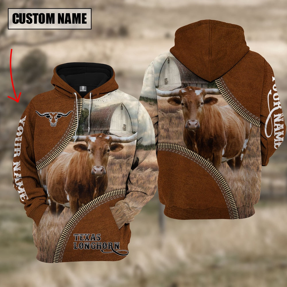 Custom Name Texas Longhorn Cattle Leather Zipper 3D Hoodie, Farmer Hoodie, Custom Farm Shirts, Farmer T Shirt