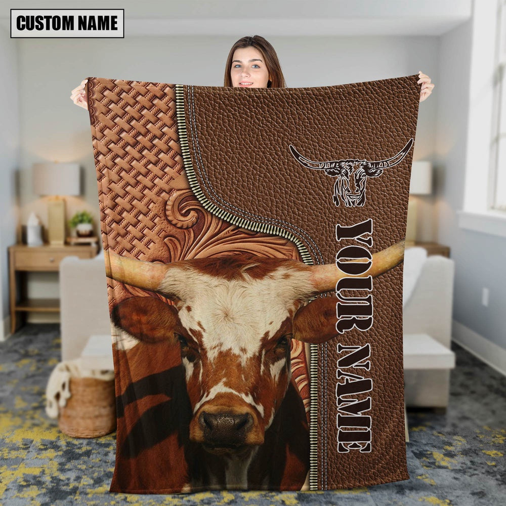 Custom Name Texas Longhorn Leather Carving Custom Name Blanket, Farm Blanket, Farm Animal Blanket