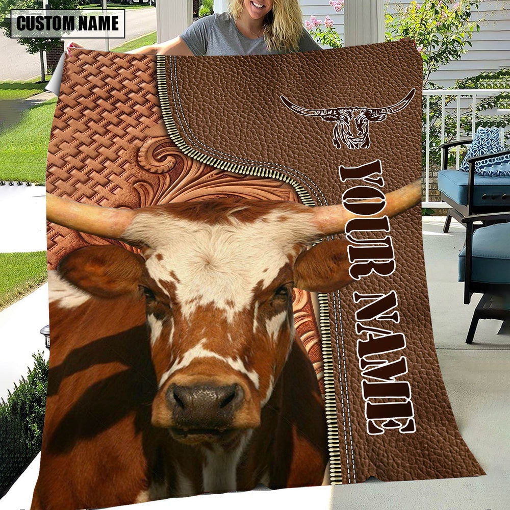 Custom Name Texas Longhorn Leather Carving Custom Name Blanket, Farm Blanket, Farm Animal Blanket