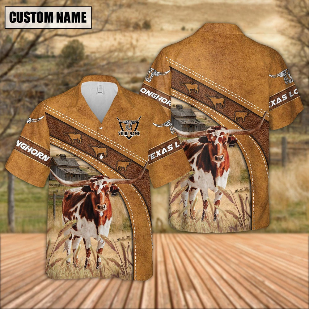 Custom Name Texas Longhorn Leather Pattern Hawaiian Shirt, Farm Hawaiian Shirt, Farmer Hawaii