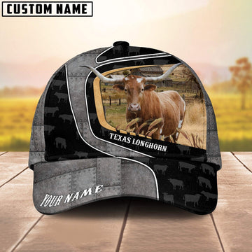 Custom Name Texas Longhorn Metal Pattern Cap, Farmer Cap, Vintage Farmer Hat, Mens Farmer Hats, Cap For Farmers