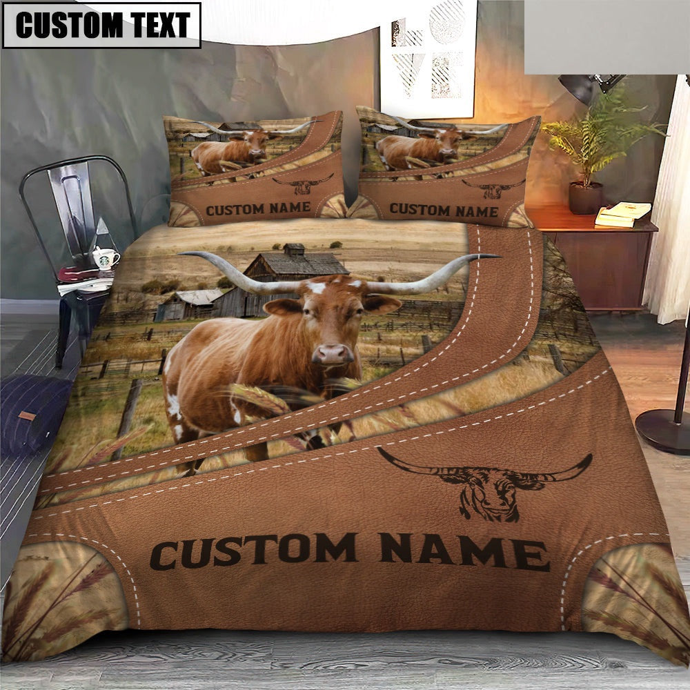 Custom Name Texas Longhorn On Farm Bedding Set, Farm Bedding Set, Farmhouse Bedding Set