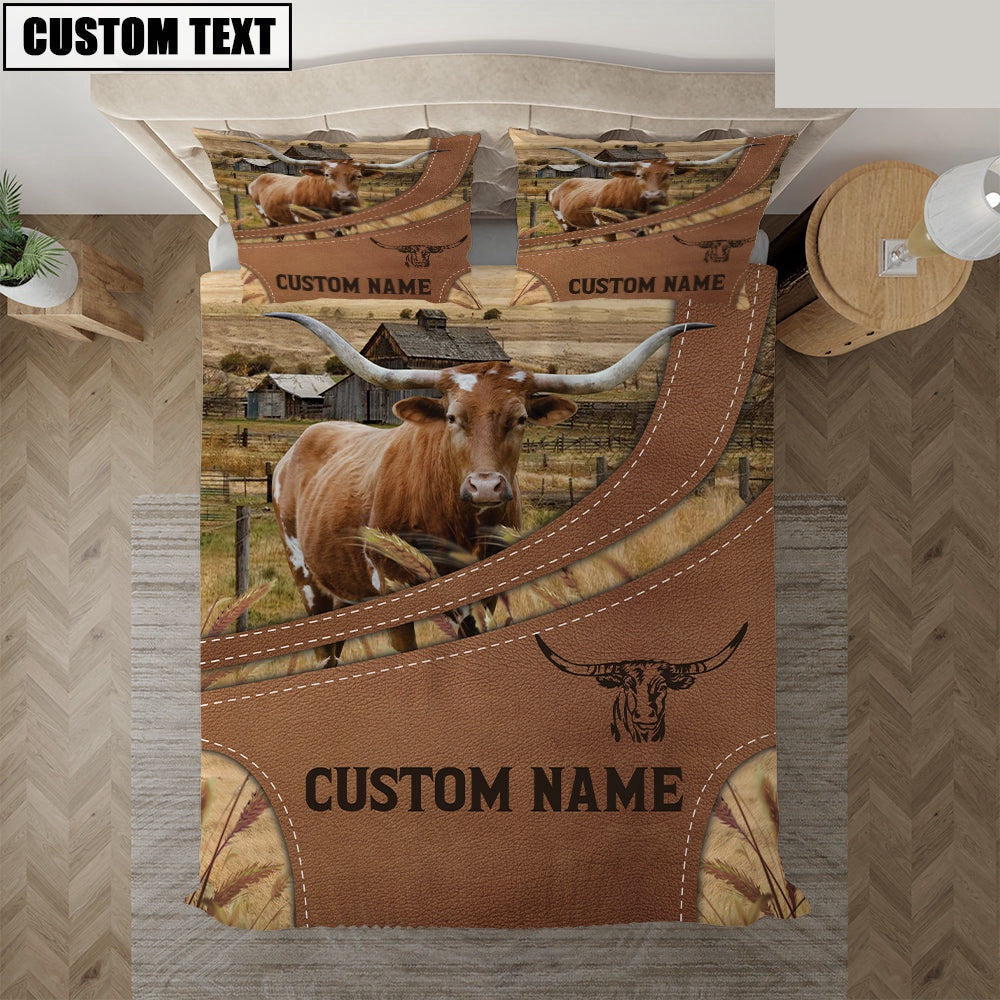 Custom Name Texas Longhorn On Farm Bedding Set, Farm Bedding Set, Farmhouse Bedding Set