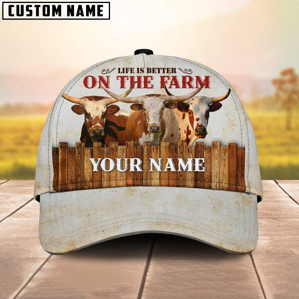 Custom Name Texas Longhorn On The Farm Cattle Cap, Farmer Cap, Vintage Farmer Hat, Mens Farmer Hats, Cap For Farmers
