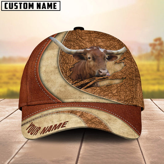 Custom Name Texas Longhorn Torn Leather Pattern Classic Cap, Farmer Cap, Vintage Farmer Hat, Mens Farmer Hats, Cap For Farmers