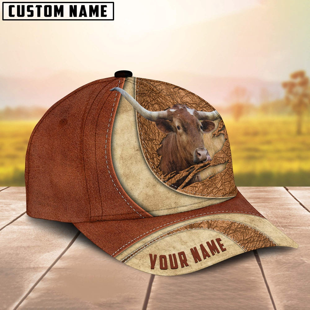 Custom Name Texas Longhorn Torn Leather Pattern Classic Cap, Farmer Cap, Vintage Farmer Hat, Mens Farmer Hats, Cap For Farmers