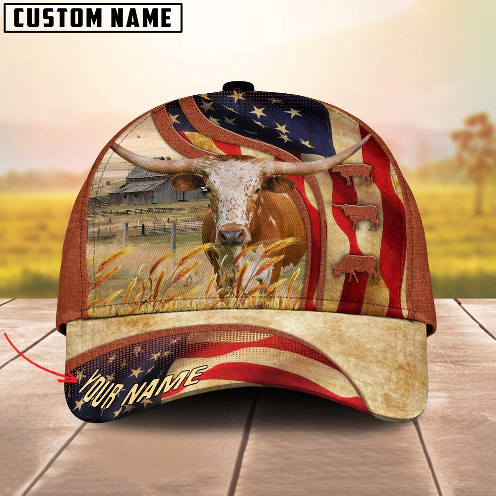Custom Name Texas Longhorn US Flag 3D Cap, Farmer Cap, Vintage Farmer Hat, Mens Farmer Hats, Cap For Farmers