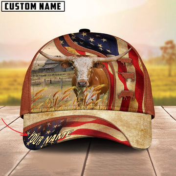 Custom Name Texas Longhorn US Flag 3D Cap, Farmer Cap, Vintage Farmer Hat, Mens Farmer Hats, Cap For Farmers