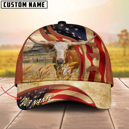 Custom Name Texas Longhorn US Flag 3D Cap, Farmer Cap, Vintage Farmer Hat, Mens Farmer Hats, Cap For Farmers