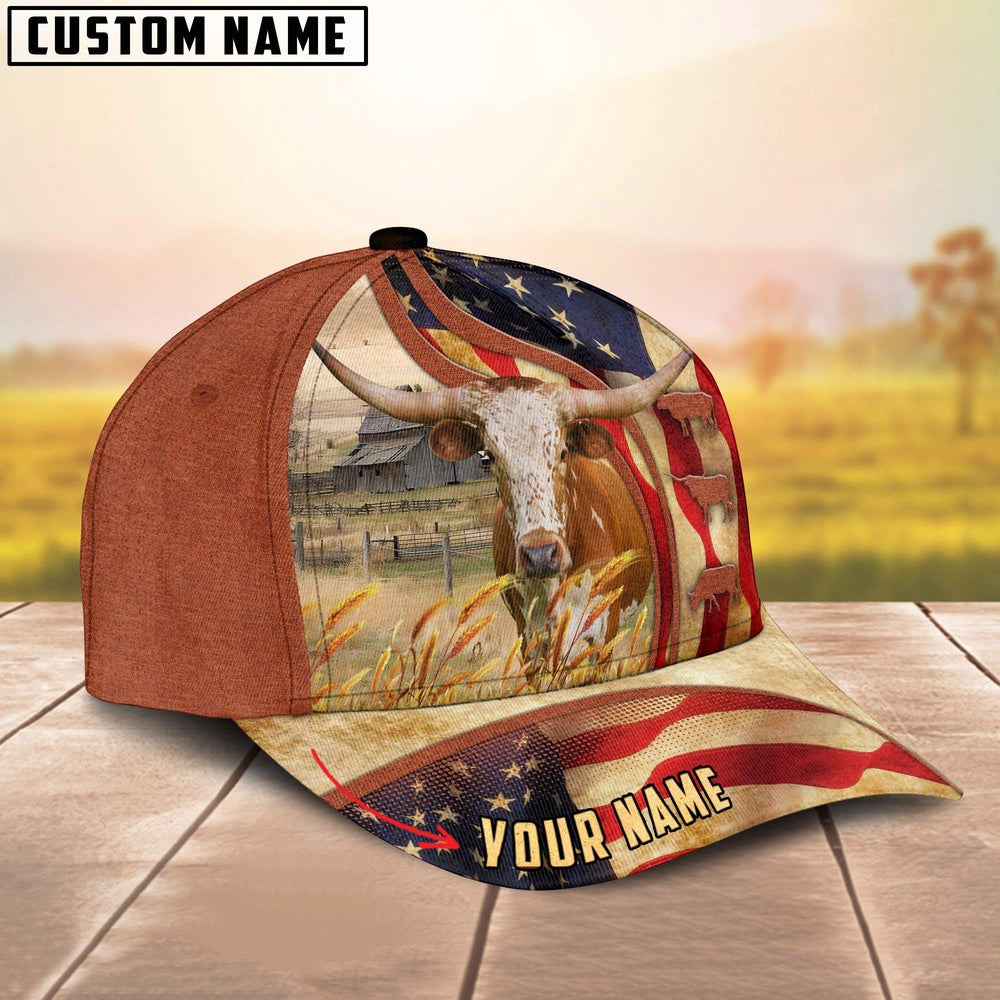 Custom Name Texas Longhorn US Flag 3D Cap, Farmer Cap, Vintage Farmer Hat, Mens Farmer Hats, Cap For Farmers