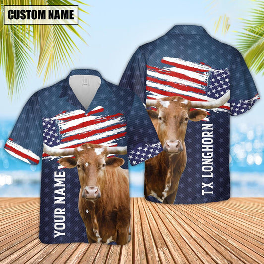 Custom Name Texas Longhorn US Flag Pattern Hawaiian Shirt, Farm Hawaiian Shirt, Farmer Hawaii