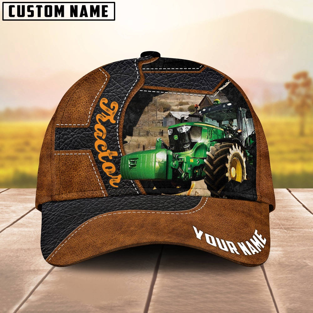 Custom Name Tractor Brown Leather Pattern 3D Cap, Farmer Cap, Vintage Farmer Hat, Mens Farmer Hats, Cap For Farmers
