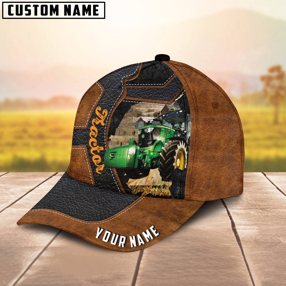 Custom Name Tractor Brown Leather Pattern 3D Cap, Farmer Cap, Vintage Farmer Hat, Mens Farmer Hats, Cap For Farmers