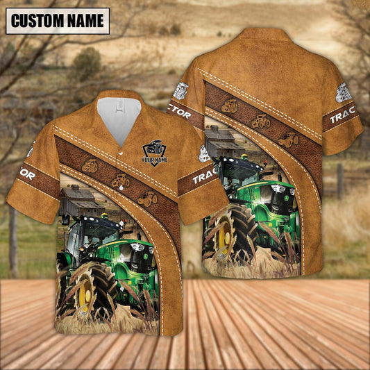 Custom Name Tractor Leather Pattern Hawaiian Shirt, Farm Hawaiian Shirt, Farmer Hawaii
