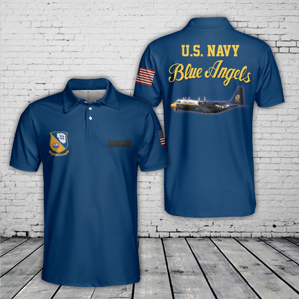 Custom Name U.S. Navy Blue Angels Lockheed C-130J New Fat Albert Polo Shirt, Veteran Polo Shirt