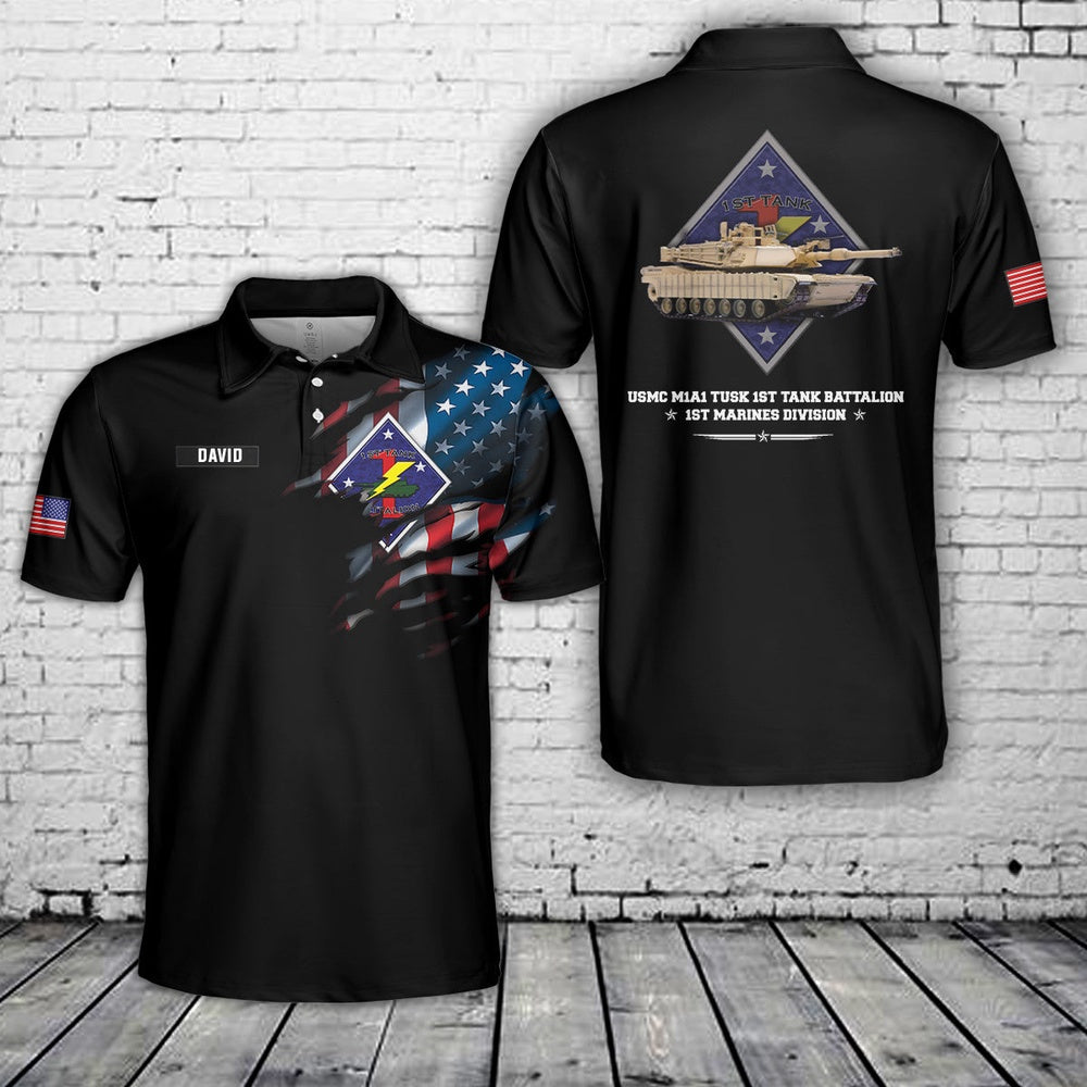 Custom Name USMC M1A1 TUSK 1st Tank Battalion, 1st Marines Division Polo Shirt, Veteran Polo Shirt
