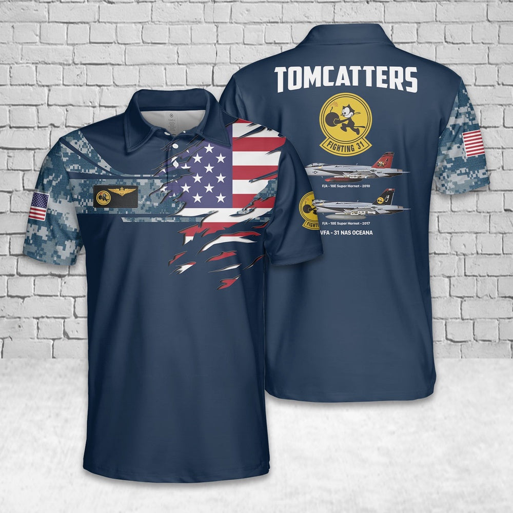 Custom Name US Navy VFA-31 Tomcatters FA-18E Super Hornet Polo Shirt, Veteran Polo Shirt