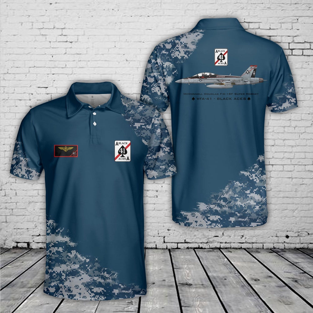 Custom Name US Navy VFA-41 Black Aces FA-18F Super Hornet Polo Shirt, Veteran Polo Shirt