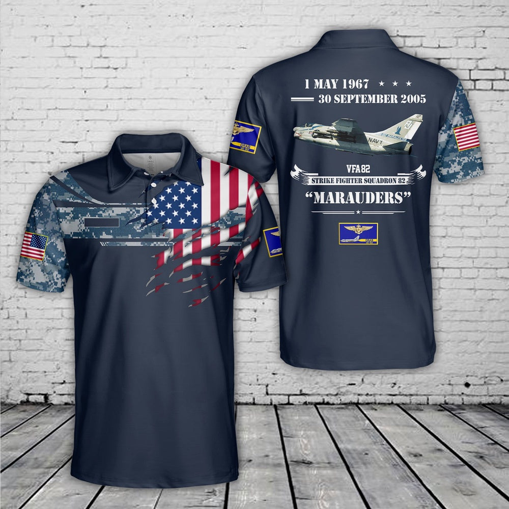 Custom Name US Navy VFA-82, Strike Fighter Squadron 82 Marauders A-7C AOP Polo Shirt, Veteran Polo Shirt