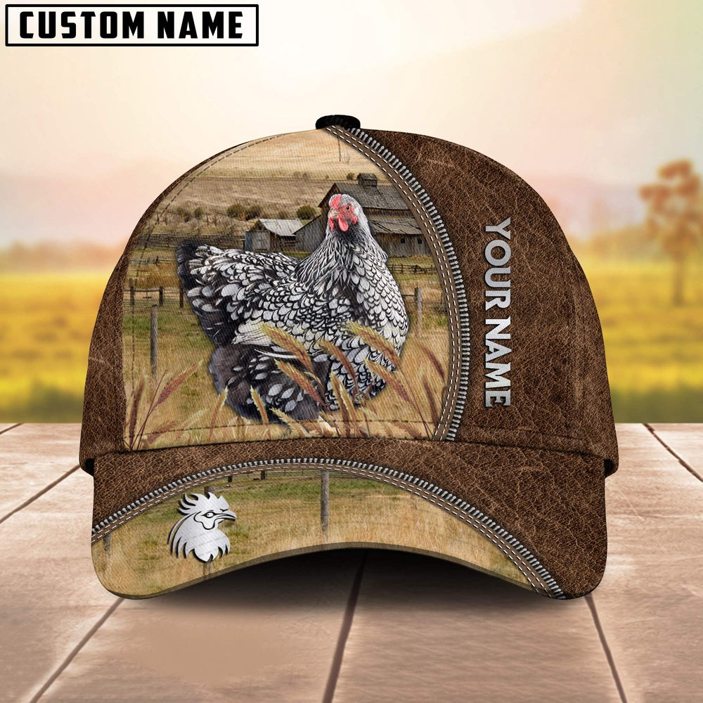 Custom Name Wyandotte Chicken Brown Leather Pattern Cap, Farmer Cap, Vintage Farmer Hat, Mens Farmer Hats, Cap For Farmers