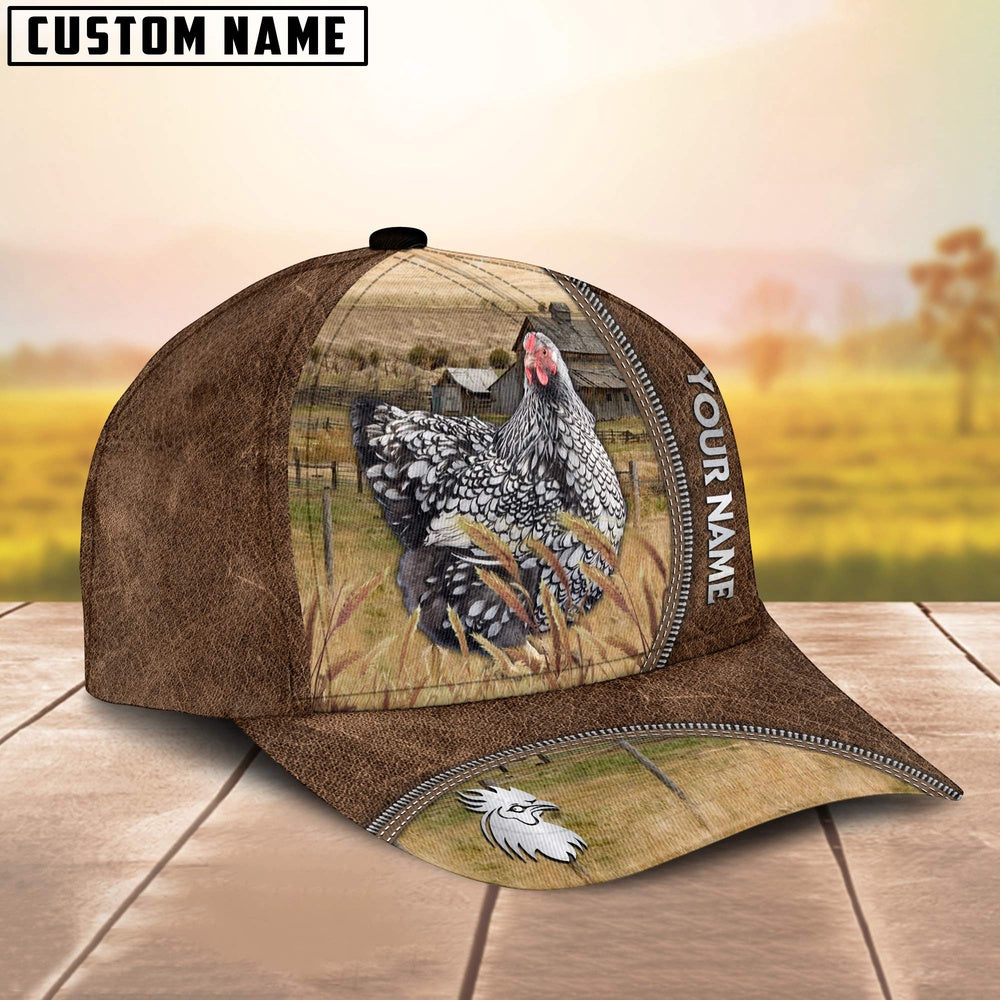 Custom Name Wyandotte Chicken Brown Leather Pattern Cap, Farmer Cap, Vintage Farmer Hat, Mens Farmer Hats, Cap For Farmers