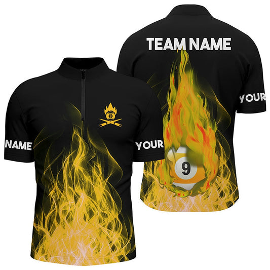 Custom Name Yellow Flaming Billiard 3D Jersey Shirt Billiard 9 Ball Pool For Team, Billiard Team Jersey Shirt