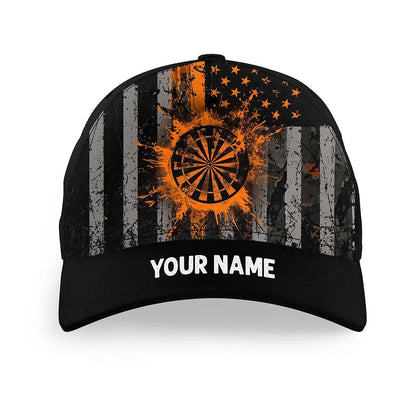 Custom Orange Grunge US Flag Patriotic Darts Hat, Personalized Baseball Darts Cap, Darts Team Cap Hats