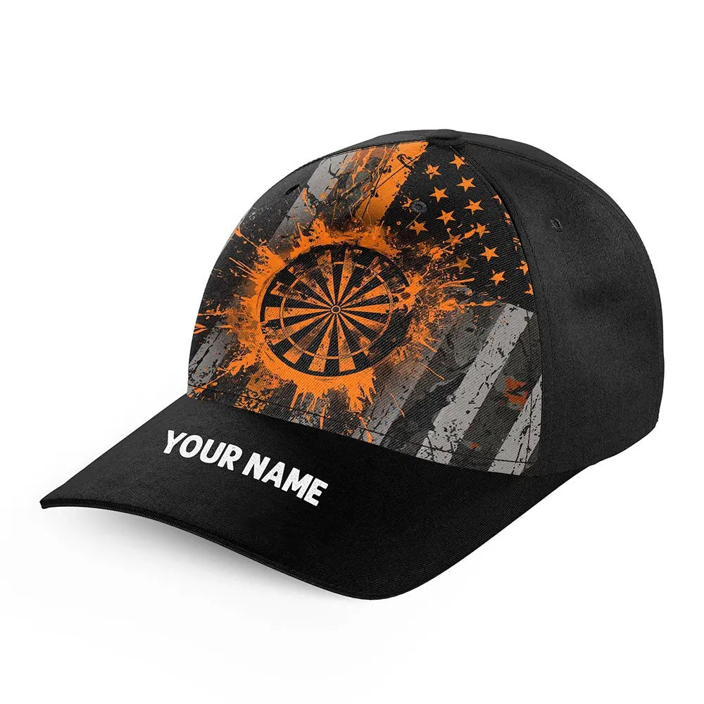 Custom Orange Grunge US Flag Patriotic Darts Hat, Personalized Baseball Darts Cap, Darts Team Cap Hats