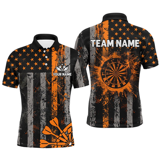 Custom Orange Grunge US Flag Patriotic Darts Shirt For Men, Retro Darts Board Darts Team Polo, Darts Team Polo Shirt