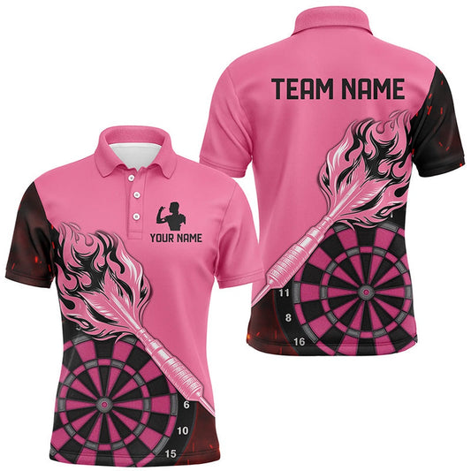 Custom Pink Darts Polo For Men Personalized Flame Arrow Darts Polo Shirts For Team, Darts Team Polo Shirt
