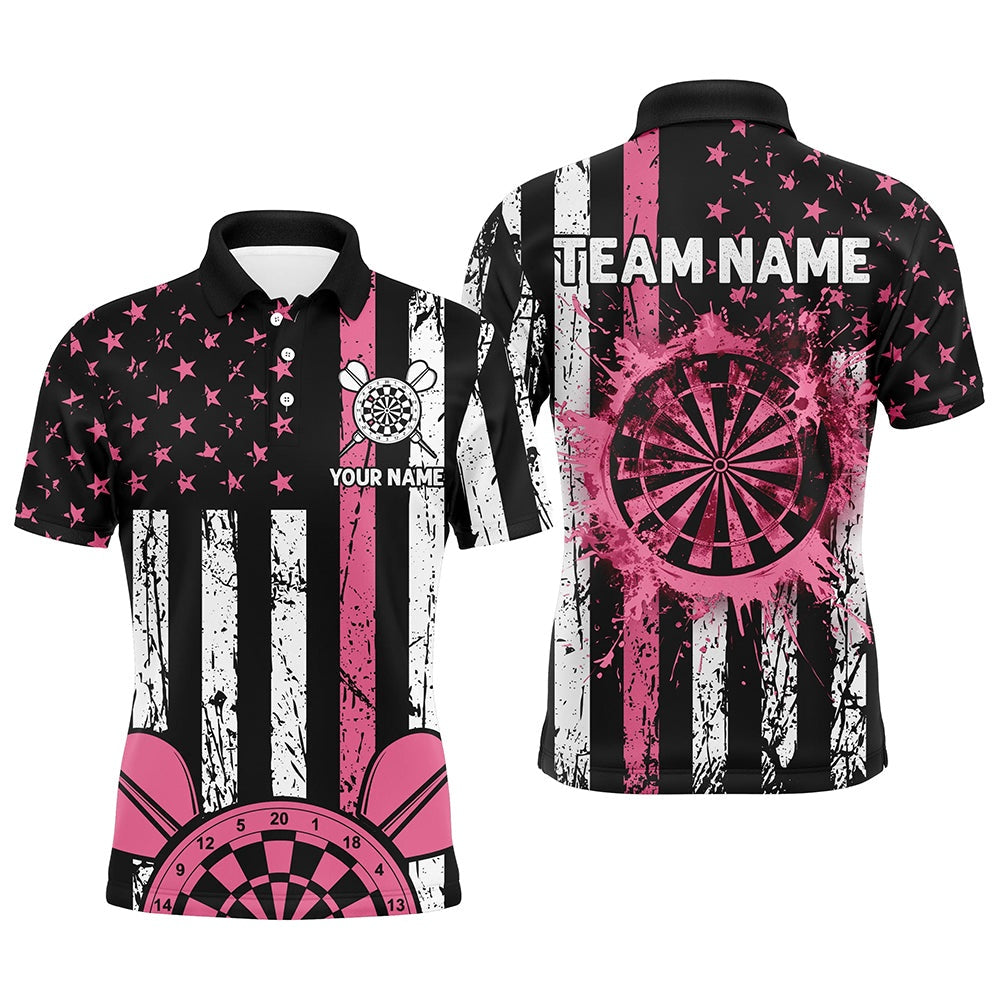 Custom Pink Grunge American Flag Patriotic Darts Shirts For Men Darts Tournament Polo Retro Style, Darts Team Polo Shirt
