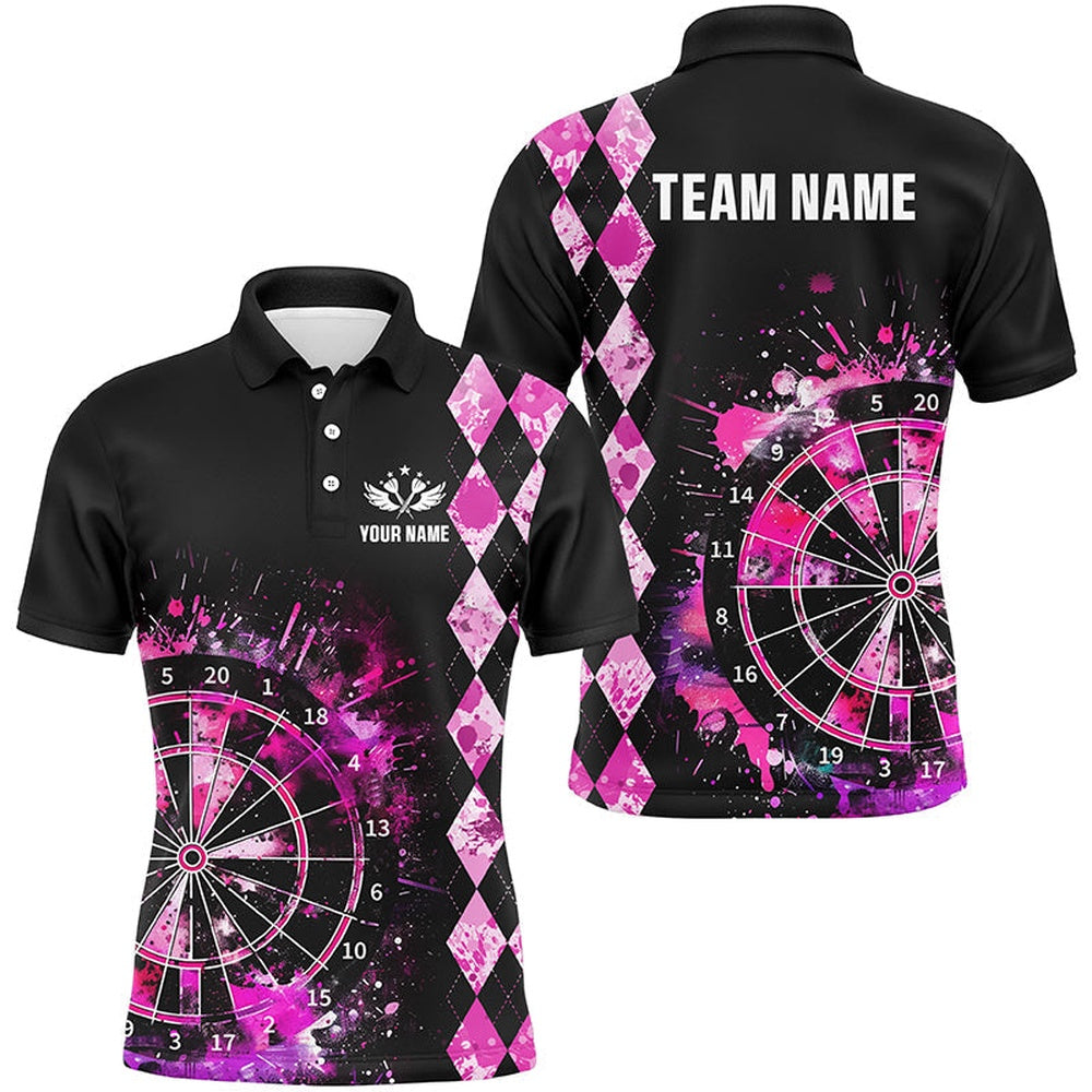 Custom Pink Grunge Darts Board Argyle Pattern Darts Shirts For Men, Best Darts Team Polo Attire, Darts Team Polo Shirt