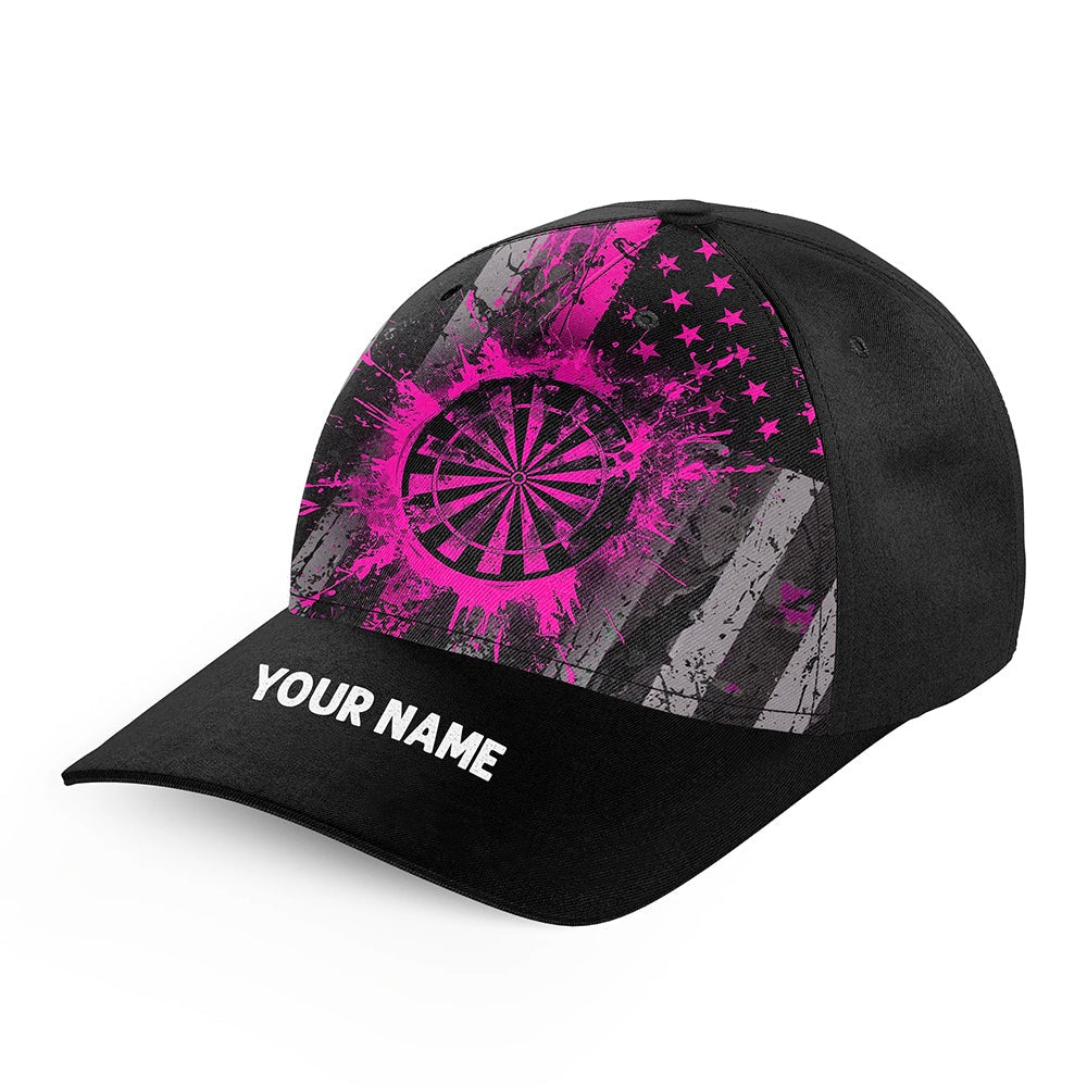 Custom Pink Grunge US Flag Patriotic Darts Hat, Personalized Baseball Darts Cap, Darts Team Cap Hats