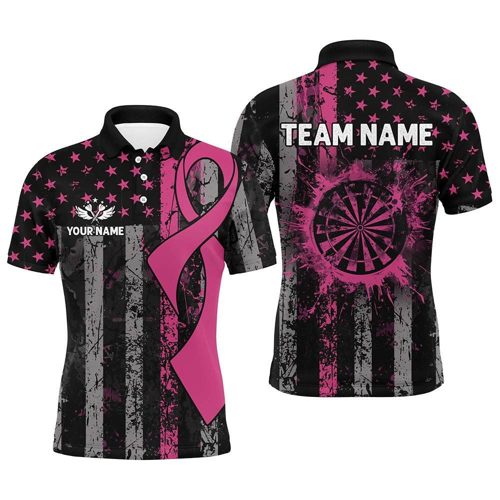 Custom Pink Ribbon Grunge American Flag Patriotic Darts Shirts For Men, Breast Cancer Darts Polo, Darts Team Polo Shirt