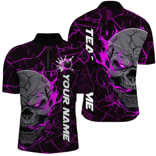 Custom Purple Flame Skull Bowling Shirts For Men, Halloween Bowling Team Outfits , Bowling Jersey Shirt