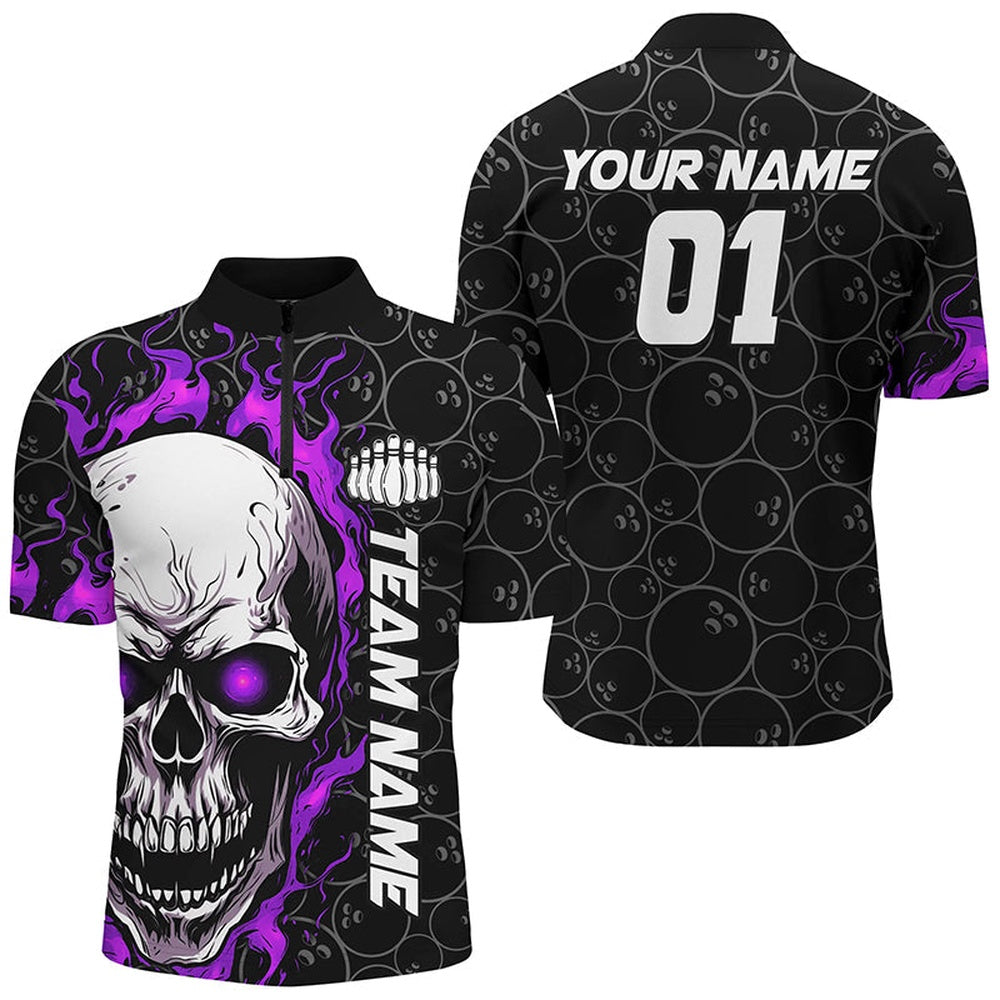 Custom Purple Flame Skull Halloween Bowling Shirts For Men With Custom Name, Team Name, Number , Bowling Jersey Shirt