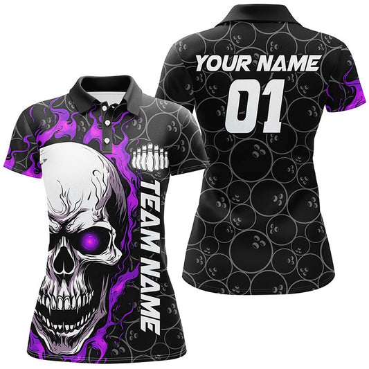 Custom Purple Flame Skull Halloween Ladies Bowling Shirt With Custom Name, Team Name, Number, Bowling Team Shirts