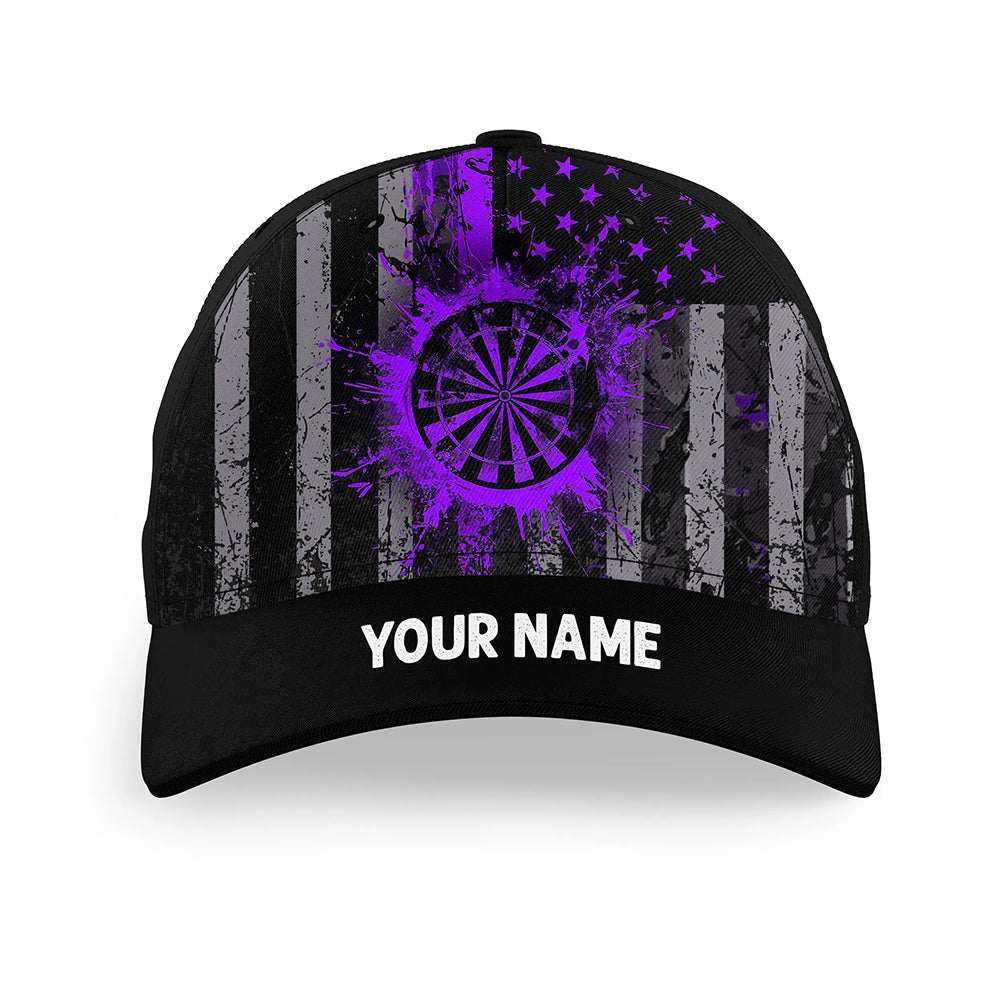 Custom Purple Grunge US Flag Patriotic Darts Hat, Personalized Baseball Darts Cap, Darts Team Cap Hats