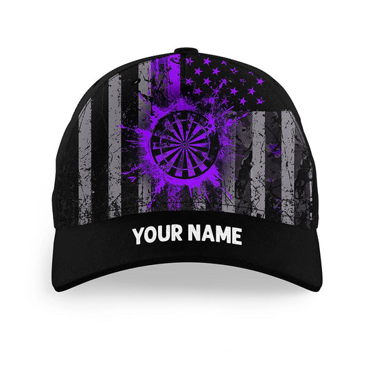 Custom Purple Grunge US Flag Patriotic Darts Hat, Personalized Baseball Darts Cap, Darts Team Cap Hats