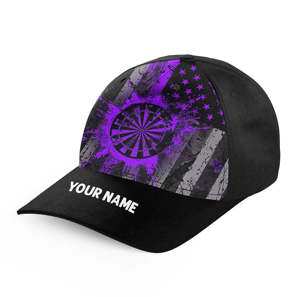Custom Purple Grunge US Flag Patriotic Darts Hat, Personalized Baseball Darts Cap, Darts Team Cap Hats