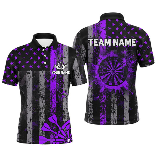 Custom Purple Grunge US Flag Patriotic Darts Shirt For Men, Retro Darts Board Darts Team Polo, Darts Team Polo Shirt