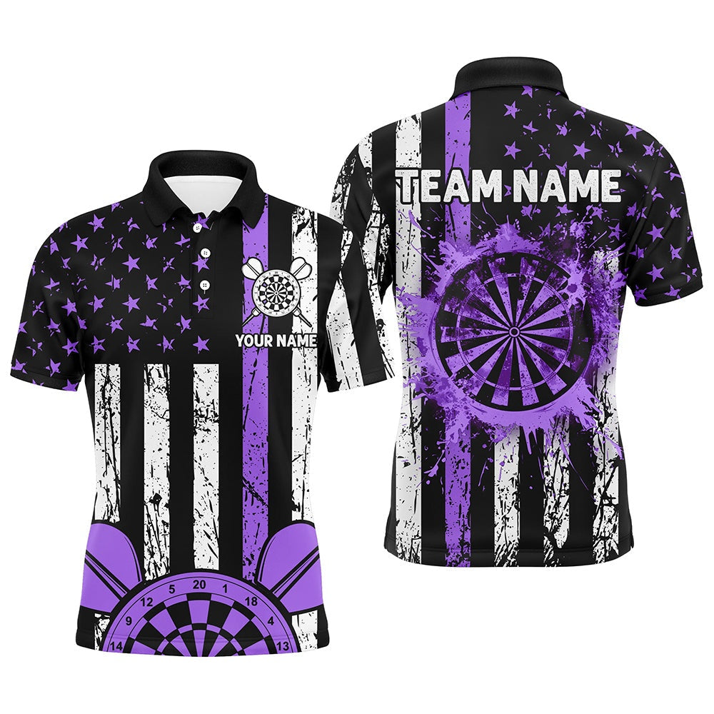 Custom Purple Grunge Us Flag Patriotic Darts Shirts For Men, Darts Tournament Polo Retro Style, Darts Team Polo Shirt