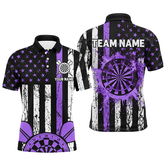 Custom Purple Grunge Us Flag Patriotic Darts Shirts For Men, Darts Tournament Polo Retro Style, Darts Team Polo Shirt