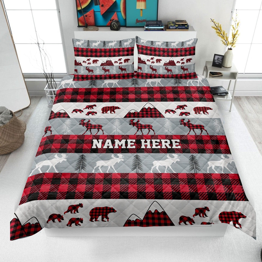 Custom Red Buffalo Plaid Bedding Set & Pillowcases, Rustic Moose Bear Quilt Bedding Set, Christmas Beddings, Xmas Bedding Sets