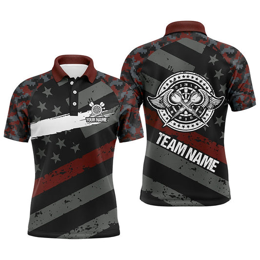 Custom Red Camo Retro American Flag Patriotic Darts Mens Polo Shirt Men Darts Polo, Darts Team Polo Shirt