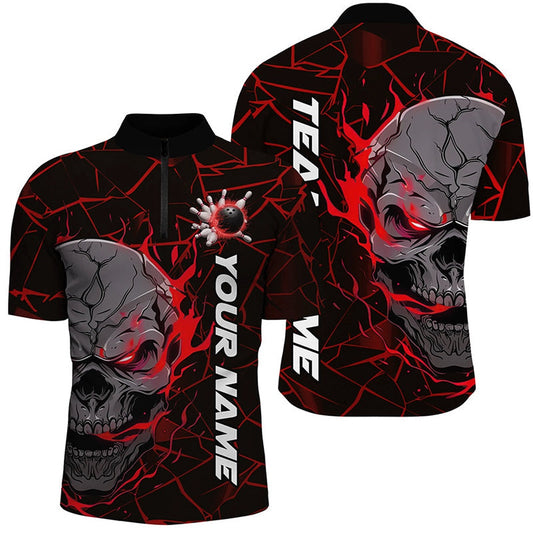 Custom Red Flame Skull Bowling Shirts For Men, Halloween Bowling Team Outfits , Bowling Jersey Shirt